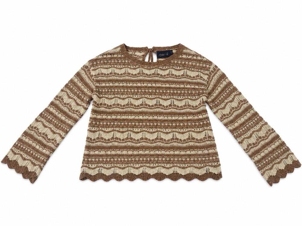 Daytrip Women’s Small Brown Cream Crochet Knit Bell Sleeve Boho Sweater Top